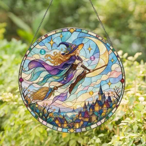 Flying Witch Moon Scene for Halloween Decor, Gothic Home Gift for Witchy Souls and Fans Stained Glass Suncatcher