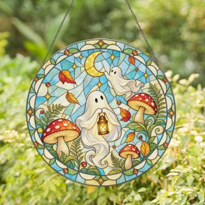 Ghost Mushroom Autumn Decor For Cottagecore Halloween Lovers, Cozy Homes And Gardens Stained Glass Suncatcher