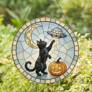 Whimsical Black Cat UFO Pumpkin Crescent Moon Halloween Decor for Cat Lovers Stained Glass Suncatcher