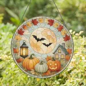 Glowing Harvest Moon Pumpkin Scene with Maple Leaves Cottagecore Halloween Decor Stained Glass Suncatcher