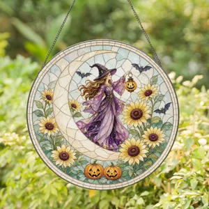 Whimsical Witch on Crescent Moon for Spooky Halloween Autumn Decorations Stained Glass Suncatcher