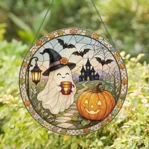 Ghost Pumpkin Witch Halloween Suncatcher for Spooky Fall Window Decor Stained Glass Suncatcher
