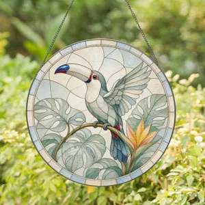 Vivid Toucan Perched in Tropical Paradise Monstera Leaves Mother's Day Decor Stained Glass Suncatcher