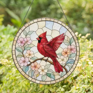 Red Cardinal Bird With Blossoms For Spring New Home Decor Gift For Girlfriend Stained Glass Suncatcher