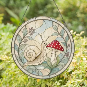 Whimsical Snail and Mushroom Stained Glass for Spring New Home Celebration Stained Glass Suncatcher