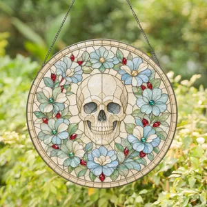 Colorful Floral Skull Spring Home Patio Decor Stained Glass Suncatcher