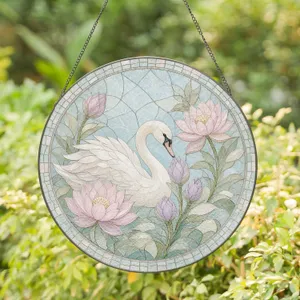 Graceful Swan Lotus Scene for Serene Home Window Decor and Mom Gift Stained Glass Suncatcher