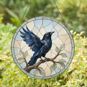 Mystical Raven in Light Glass Tones for Serene Morning Spaces Stained Glass Suncatcher