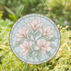 Soft Pink Magnolia Blossoms in Circle for Mother's Day Garden Window Display Stained Glass Suncatcher