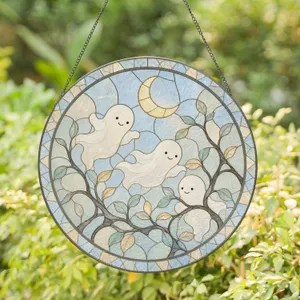 Three Playful Ghosts Drifting by Glowing Crescent Moon for Spooky Halloween Decor Stained Glass Suncatcher