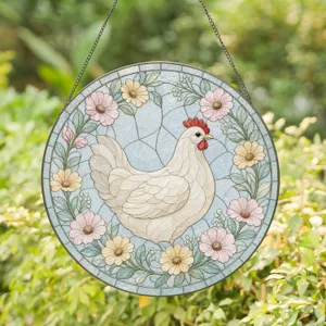 Graceful White Hen Amid Spring Flowers for Housewarming and Mother’s Day Stained Glass Suncatcher