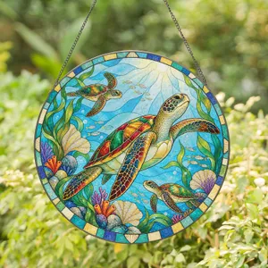 Three Sea Turtles Reef Scene for Coastal Home Decor and Ocean Lover Gift Giving Stained Glass Suncatcher