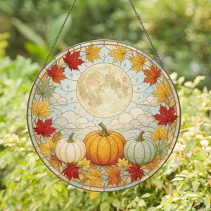 Harvest Moon Pumpkins Maple Leaves for Autumn Thanksgiving Cottagecore Decor Stained Glass Suncatcher