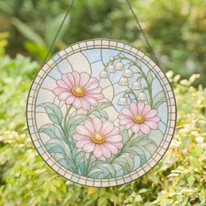 Pink Lily Flowers and Lily of the Valley Circular for Garden Window Stained Glass Suncatcher
