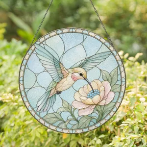 Elegant Hummingbird in Graceful Flight with Delicate Bloom for Serene Home Window Accent Stained Glass Suncatcher