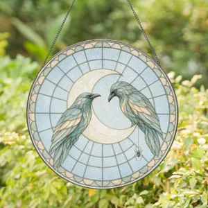 Two Ravens and Crescent Moon Halloween Themed Circular Design for Seasonal Home Decor Stained Glass Suncatcher