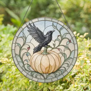 Stylized Crow on Pumpkin Artwork for Halloween Celebration and Fall Seasonal Decor Stained Glass Suncatcher