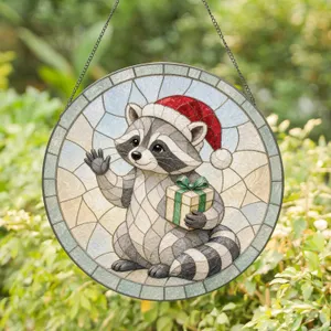 Festive Raccoon in Santa Hat for Seasonal Christmas Cozy Home Living Room Decor Stained Glass Suncatcher