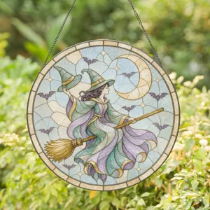 Whimsical Witch On Broom With Crescent Moon Funny Halloween Decor Stained Glass Suncatcher