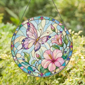 Pink Butterfly and Blush Flowers for Cottage Garden Decor and Nature Lovers at Home Stained Glass Suncatcher