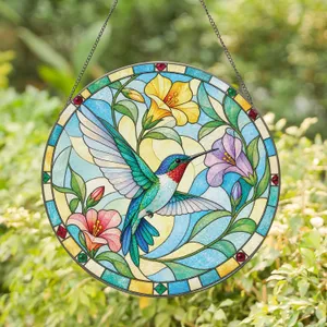 Pink Blue Hummingbird Floral Gift For Mom, Grandma Garden Decor For Bird Lovers Stained Glass Suncatcher