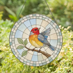 Vivid Finch Bird in Stained Glass Circle for Brightening Home Window and Wall Spaces Stained Glass Suncatcher