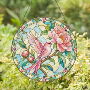 Pink Songbird And Peonies For Mother's Day Home Decor Gift For Bird Lovers And Moms Stained Glass Suncatcher