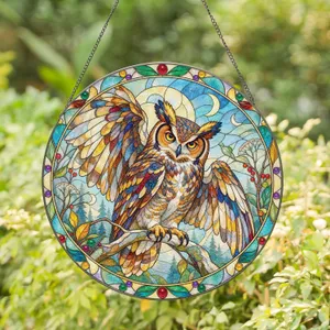 Horned Owl Halloween Home Decor for Spooky Woodland Interiors and Witchy Gift Giving Stained Glass Suncatcher