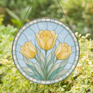 Vibrant Yellow Tulips Circular Stained Glass for Mother's Day Home Garden Decor Stained Glass Suncatcher