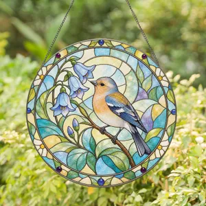 Chaffinch Bird in Bloom for Cottage Garden Gifts and Nature Lover Home Decor Accent Stained Glass Suncatcher