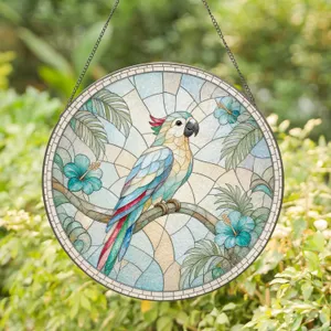 Vibrant Tropical Parrot Stained Glass Circle Design for Bright Window Decor and Dad Gift Stained Glass Suncatcher