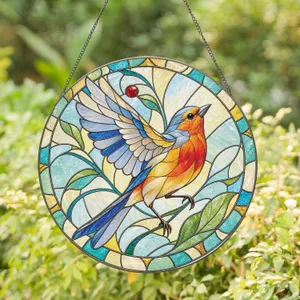 Red Blue Finch Bird Gift for Garden Lovers, Nature Decor for Bright Window Spaces Stained Glass Suncatcher