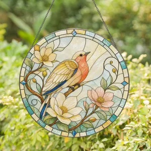 Red-Breasted Bird and Wildflowers for Grandma Mother’s Day Garden Window Decor Gift Stained Glass Suncatcher
