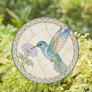 Hummingbird in Stained Glass Circle Nature Inspired Window Decor for Home Stained Glass Suncatcher