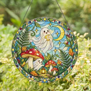 Ghost Mushroom Moon Scene for Cozy Halloween Decor and Whimsigoth Cottage Living Stained Glass Suncatcher