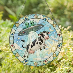 UFO Cow Abduction Gift for Sci-Fi Fans, Quirky Farmhouse Decor and Country Homes Stained Glass Suncatcher