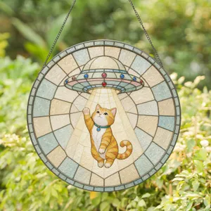 Whimsical Cat UFO Abduction Stained Glass Circle for Playful Cat Lover Homes Stained Glass Suncatcher