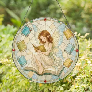 Enchanted Fairy Reading Book Circular Design for Bookworm Reading Nooks Stained Glass Suncatcher