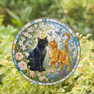 Black and Orange Cat Companions in a Garden for Cozy Home Decor and Pet Lover Gifts Stained Glass Suncatcher