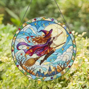 Flying Witch Beneath a Harvest Moon for Halloween Decor and Enchanted Home Accents Stained Glass Suncatcher