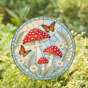 Woodland Mushroom Butterfly Wildflower Circular Art for Cottagecore Fairy Garden Stained Glass Suncatcher