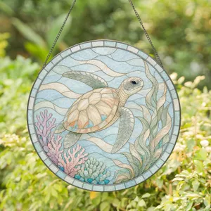 Majestic Sea Turtle Amidst Coral Reef for Inviting Beach House Living Spaces Stained Glass Suncatcher
