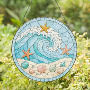Ocean Wave Starfish Seashells Coastal Scene for Beach Home Decor Stained Glass Suncatcher