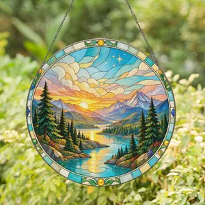 Sunset Pine Forest With Mountain Glow For Romantic Cabin Decor And Nature Lovers Stained Glass Suncatcher