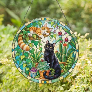 Black Cat And Succulent Garden Decor For Plant Lovers, Cozy Homes, And Gift Giving Stained Glass Suncatcher
