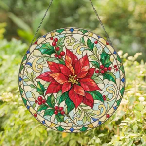 Red Poinsettia And Holly Medallion For Christmas Window Decor, Winter Home Gifts Stained Glass Suncatcher