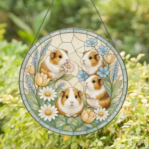 Cute Guinea Pigs with Pastel Flowers in Circular Design for Whimsical Pet Homes Stained Glass Suncatcher