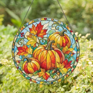 Three Pumpkin Fall Harvest Glow for Halloween Thanksgiving Autumn Home Decor Lovers Stained Glass Suncatcher