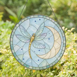 Serene Dragonfly Hovering by Crescent Moon for Boho Nature Inspired Home and Garden Decor Stained Glass Suncatcher