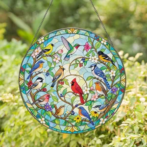Thirteen Songbirds in a Sunlit Garden for Bird Lovers, Cottage Decor and Gifting Stained Glass Suncatcher